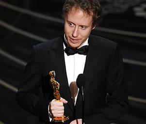 Director László Nemes accepts the Oscar for the film Son of Saul