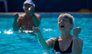 Sándorné Fehér enjoying a water excercise class. 