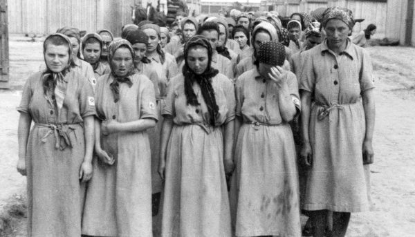 Jewish women selected for slave labor at Auschwitz after their heads had been shaved. Photo: Yad Vashem, the Auschwitz Album