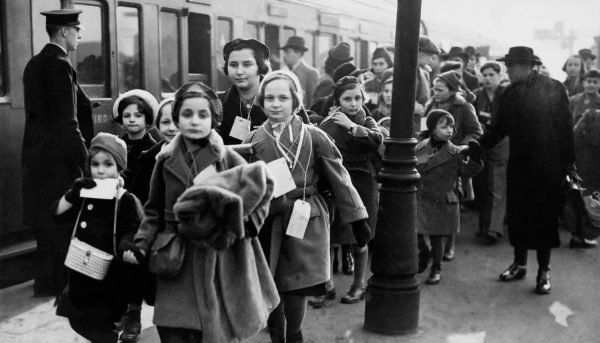 Kindertransport children at train station after arriving in the UK 