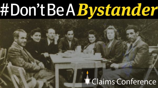 collage image including logo for #DONTBEABYSTANDER and image of group of rescued Jews
